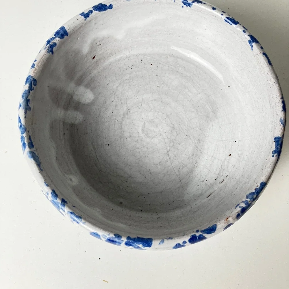 Bybee Pottery Serving Bowl 6.5in White Blue Sponge Glaze Vintage Stoneware